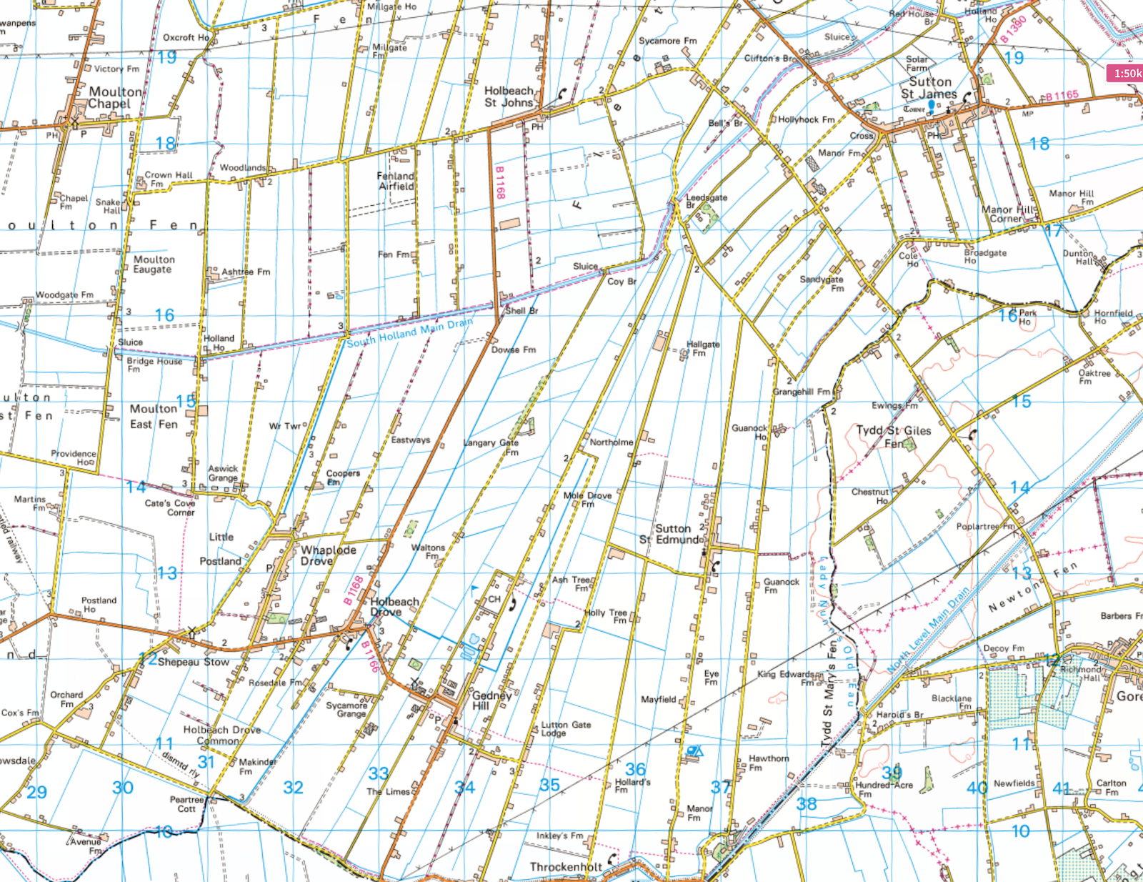 A section of The Fens, as shown on an OS Map. Farmland and dikes have it resemble a grip.